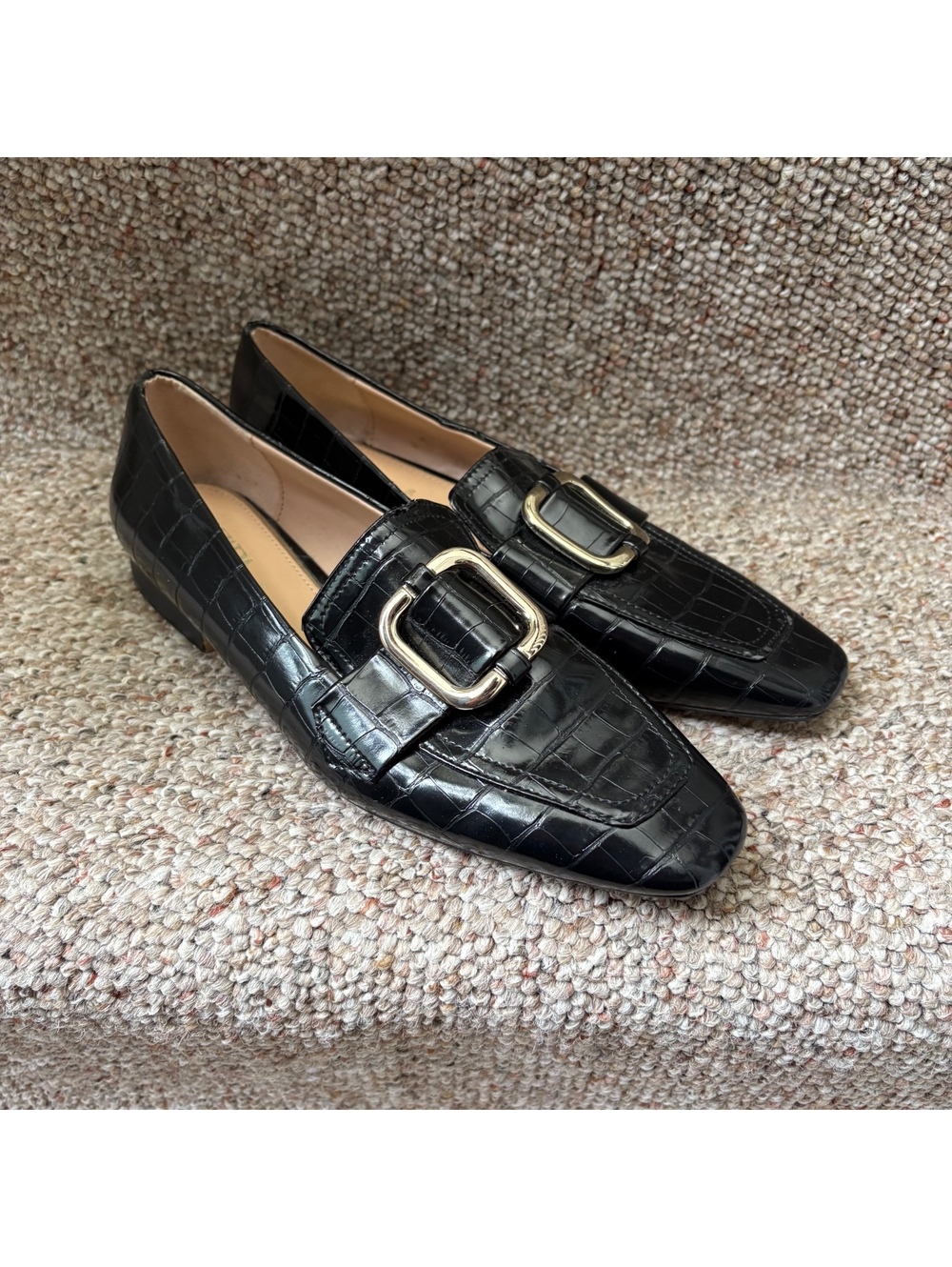 Zara Black Croc-Embossed Buckle Loafers Size 36 Faux Leather Office Formal